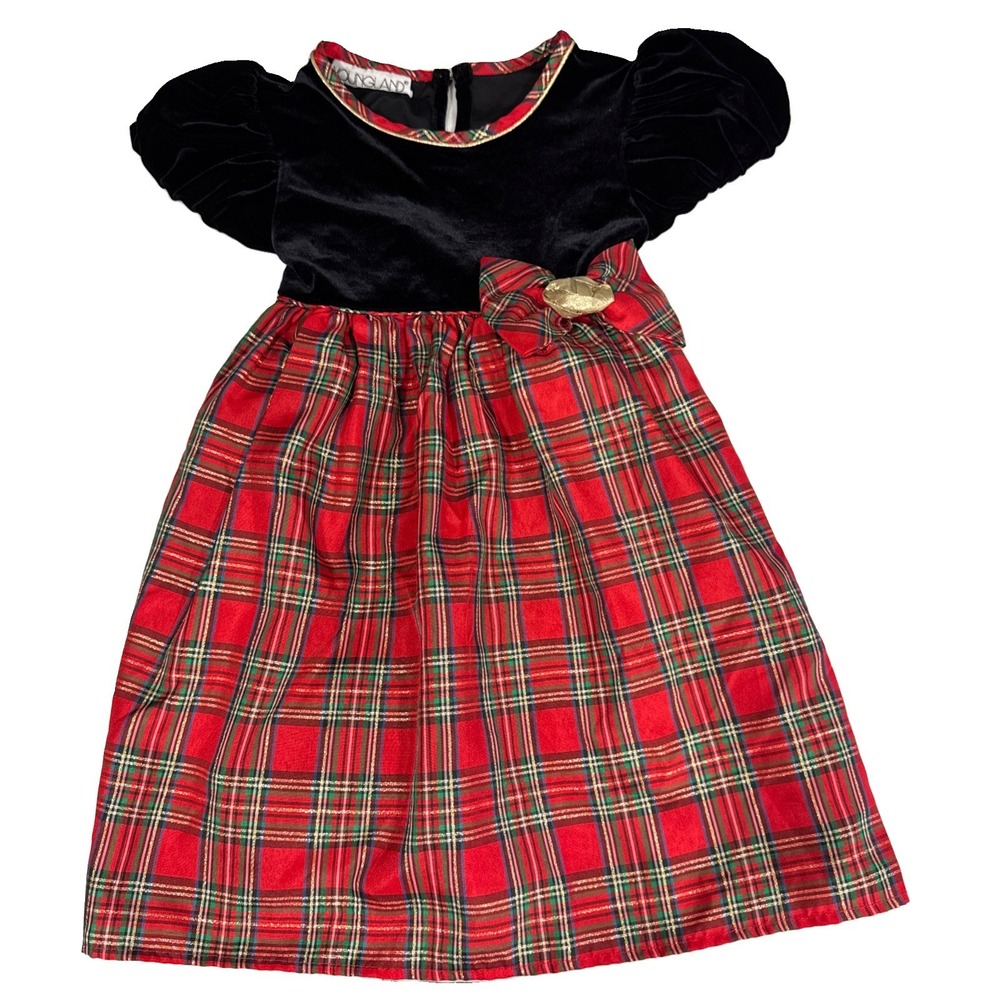 Vintage Youngland Girls Size 6 Christmas Tartan Plaid Velvet Dress